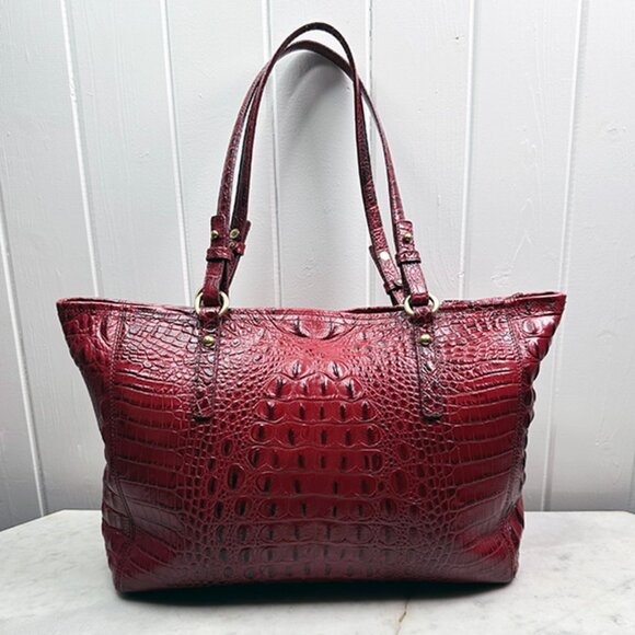 Brahmin Bag Purse Tote Red Med Asher Melborne Croc Shoulder Zip Top GUC - Picture 4 of 16
